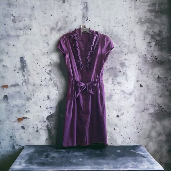 The Limited Shirt Dress Button Front Tie Belt Purple Ruffle Cap Sleeve Pockets S - Picture 7 of 8